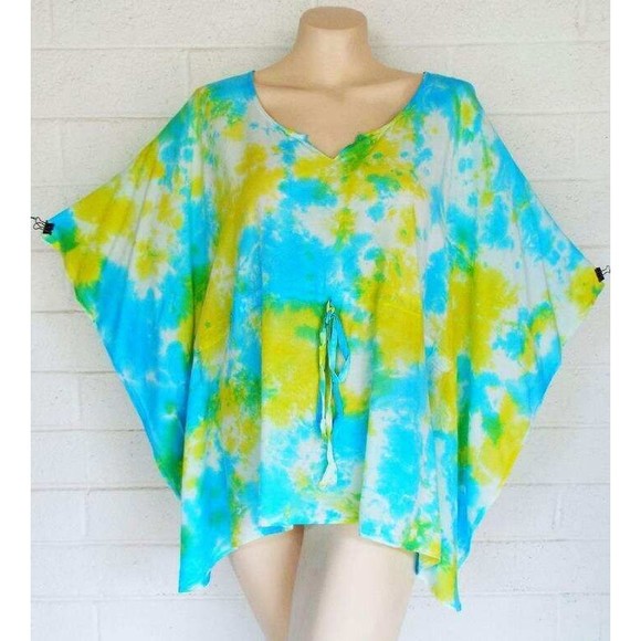 Sacred Threads Tops - New Sacred Threads One Size Aqua Tie-Dye Pullover Rayon Kaftan Poncho Top